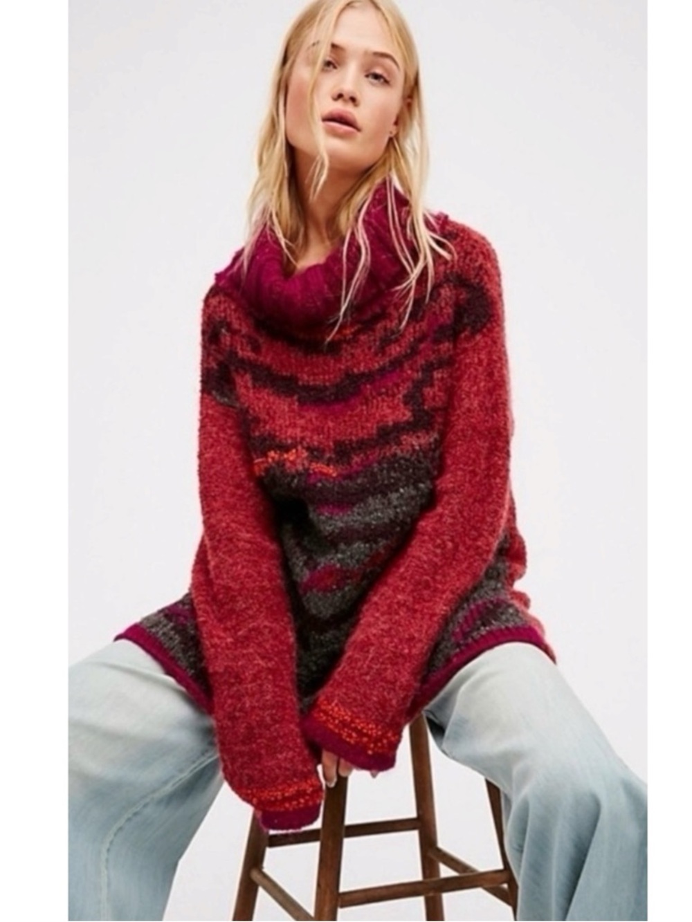 Free People Oversized Chunky Knit Tiger Eye Turtleneck Medium Wool Alpaca Mohair
